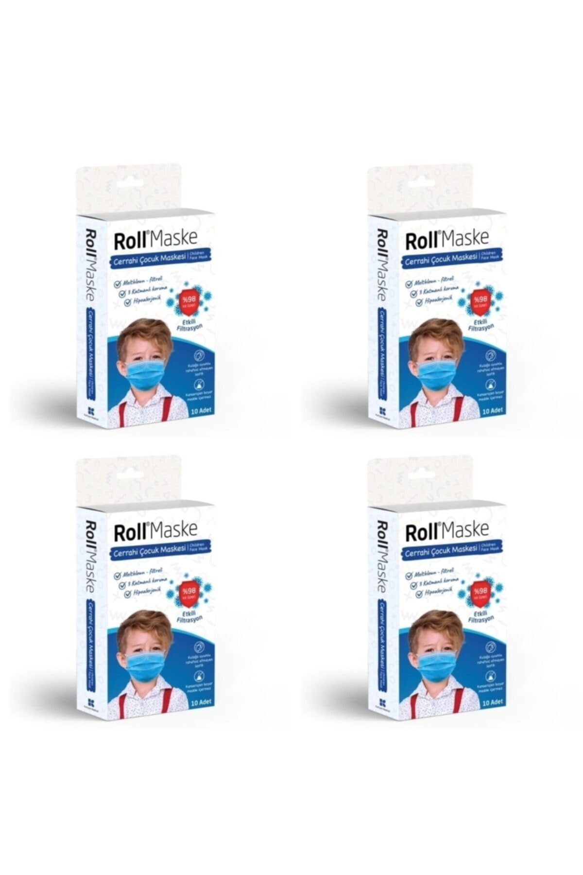 Roll 3 Katlı Mavi Erkek Çocuk Cerrahi Maske Telli 10'lu 4 Kutu