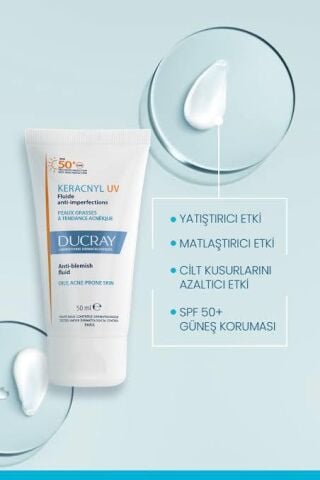 Ducray Keracnyl Akneye Eğilimli Ciltler İçin Leke Karşıtı Güneş Koruyucu UV SPF50+ 50 ml