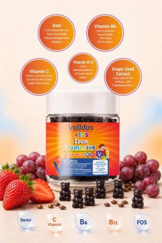 Validus Kids Iron Vitamin C Vitamin B6 - B12 Fos 60 Gummies