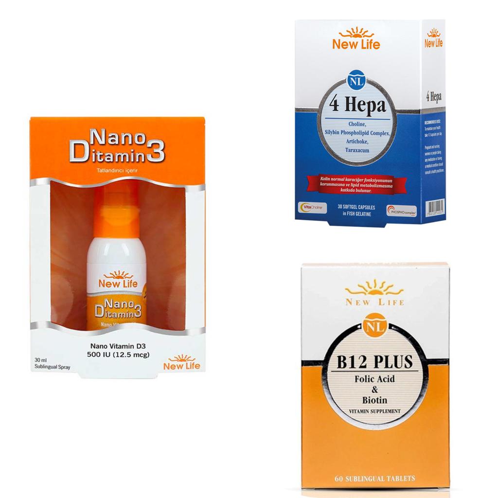 New Life Nano Ditamin 3 Sprey + New Life 4 Hepa 30 Softjel + New Life B12 Plus Methylcobalamin 60 Tablet Avantajlı Paket