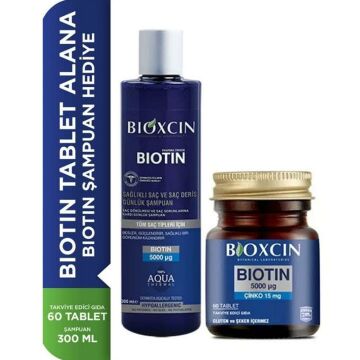 Bioxcin Biotin 5000 mg + Çinko 15 mg 60 Tablet + 300 ml Biotin Şampuan Hediyeli (119,90 TL Etiketli)