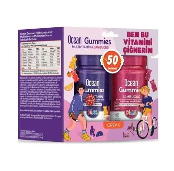 Ocean Gummies Multivitamin Kids 60 Adet Çiğnenebilir + Sambucus Kids 60 Adet Jel Form